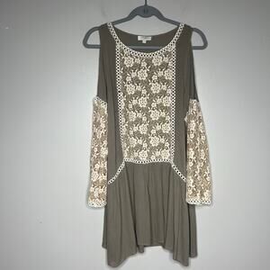 Umgee Bohemian Cold Shoulder Tunic Top Olive Green Ivory Lace Sz S Fairy Cottage